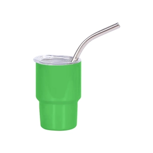 3oz green insulated stainless steel tumbler with transparent lid and metal straw