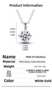 Size chart showing 0.3ct to 1ct moissanite pendants with S925 sterling silver chain