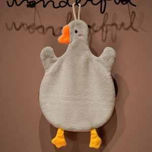 Hanging duck-shaped hand towel made of soft grey coral fleece for kitchen use