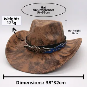Detailed dimensions of western cowboy hat featuring USA eagle metal badge and tie-dye pattern
