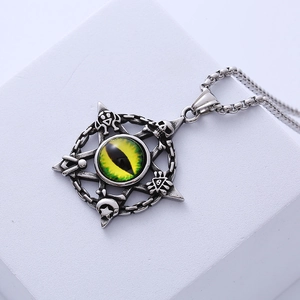 Retro gothic pentagram necklace with skull details and green evil eye steel pendant