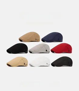 Matrix display of cotton flat caps in eight colors featuring side metal adjustment buckles