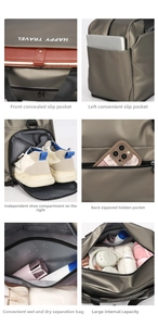 Detail of multi-functional travel bag showing independent shoe compartment and dry-wet pocket