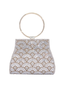 Elegant Rhinestone Evening Bag PU Leather Fan Pattern Sparkly Handbag With Round Metal Handle And Chain Strap For Women Party