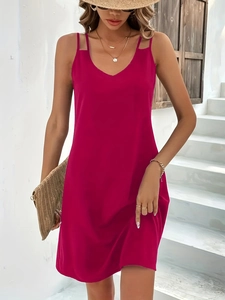 Summer V-neck sleeveless slim fit midi dress in rose red with holiday resort styling