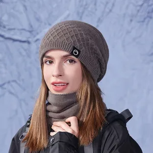 Women's winter warm knitted hat and neck warmer set with fleece lining and diamond pattern