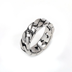 Polished silver stainless steel Cuban link chain ring for men with industrial design
