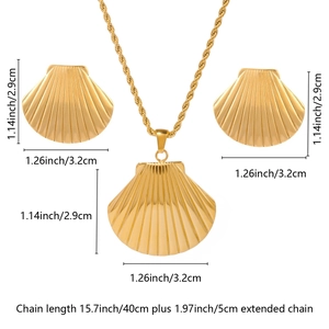 Gold shell pendant necklace and earrings set with detailed dimensions and chain length
