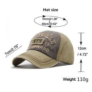 Detailed size chart for cotton baseball cap showing circumference and brim measurements