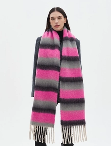 Detail of pink and grey striped scarf with soft fringe texture and thick knit material