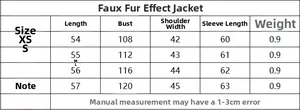 Detailed size chart for faux fur jacket showing dimensions for XS to L measurements