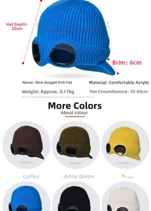 Detalle de gorro de punto con gafas mostrando medidas y variedad de colores