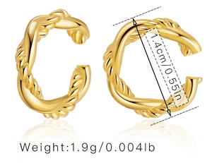 Detail showing 1.4cm twisted rope gold ear cuff weight and dimensions on white background