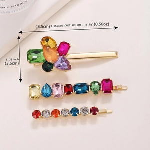 Dreiteiliges buntes Strass-Haarspangen-Set mit goldenem Metallgestell und Blumendesign