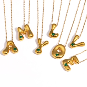 Puff Bubble Initial Letter Necklace Titanium Steel 18K Gold Plated Green Heart Gemstone Pendant Fashion Women Jewelry