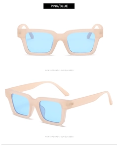 Detail view of pink square sunglasses with blue lenses from front and side angles