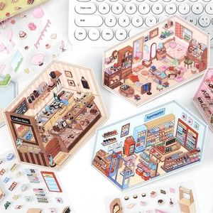 Miniature Scene DIY Stickers PET Paper Isometric Perspective Decoration For Scrapbooking Journaling Room Cafe Themes