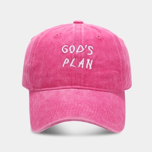 Detail of God's Plan white embroidery on a rose pink washed cotton baseball cap