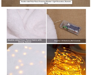 Detail of LED snowman rug in white polar fleece showing 60cm diameter and battery box