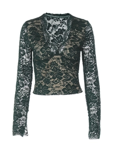 Elegant donkergroen kanten T-shirt met lange mouwen, V-hals en een bloemig opengewerkt patroon