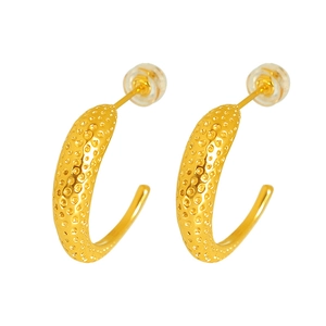 18K gold-plated C-shaped crescent earrings with textured grainy finish on white background