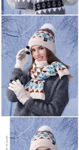 Details des Strick-Wintersets mit geometrischen Mustern und Touchscreen-Handschuhspitzen