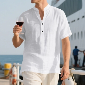 Men's white linen short sleeve shirt with Henley neck and buttons in yacht scene