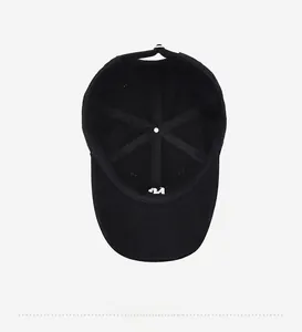 Detailed interior view of a black washed baseball cap with embroidered logo on sweatband
