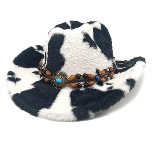 Chapeau De Cowboy Occidental Imprimé Vache Peluche Fausse Fourrure Bande Perles Accent Turquoise Bord Large Style Fedora