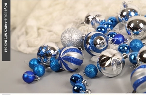 Detailed set of 44 royal blue and silver Christmas tree ornaments with glitter and snowflake motifs