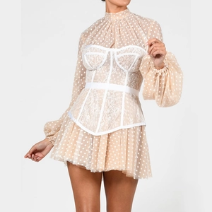 Mock Neck Lantern Long Sleeve Mini Dress Lace Corset Polka Dot Mesh Patchwork Sexy Elegant Party Bodycon Women Outfit