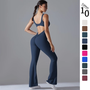 Backless Yoga Jumpsuit Women Workout Unitard Flared Leg U Neck Scrunch Butt Lifting Nylon Spandex Slim Fit