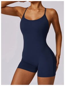 Close-up of navy blue quick-dry yoga bodysuit with thin straps and deep U-neckline