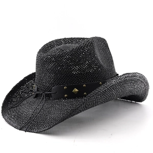Detail of black woven cowboy hat with leather band, gold rivets and diamond ornament