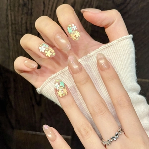 Handmade almond floral press-on nails with cat-eye glitter and hand-painted flowers