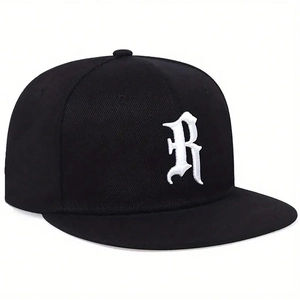 Casquette de baseball hip-hop noire avec broderie gothique R blanche et bord plat