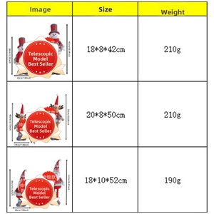 Size chart for telescopic Christmas plush dolls showing Santa, Snowman and Reindeer dimensions