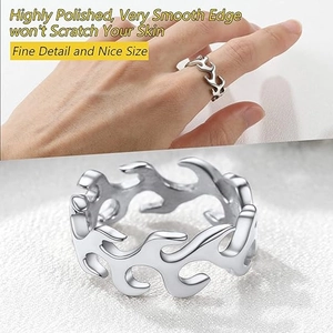 Polished silver stainless steel flame ring with hollow design for men and women