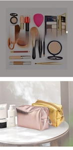 Detailed view of rose gold and gold PU leather makeup bags with metallic zippers