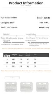 Detailed size chart for white long sleeve chiffon shirt including S, M, L measurements