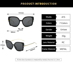 Detailed dimension guide for cat eye sunglasses showing frame width and temple length
