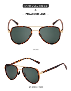 Polarized pilot sunglasses in matte gold metal frame with G15 dark green lenses