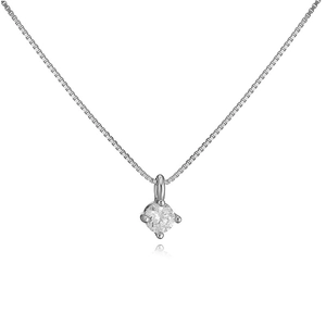 Close-up of a single 4-claw round cubic zirconia pendant on a silver box chain necklace