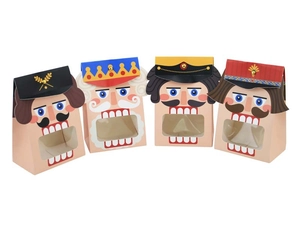 Detail of four Nutcracker soldiers paper gift boxes with transparent PVC windows and rivets