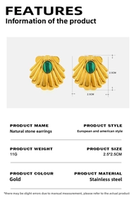 Detail view of shell-shaped gold stainless steel earrings with green natural stone