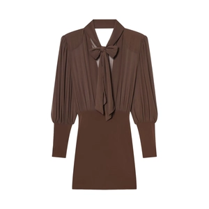 Mini Kleid Mit Chiffon Spleißen Schluppenknoten Transparente Lange Ärmel Elegant Figurbetont Kaffee Braun Für Damen