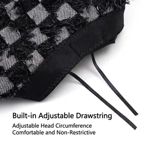 Checkboard bucket hat with raw edges and an internal adjustable drawstring for women
