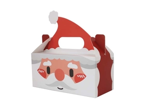 Detail view of festive Christmas candy box with Santa handle and red white pattern
