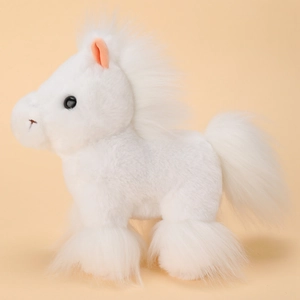 White plush pony toy with soft fur and orange ears standing on a neutral background