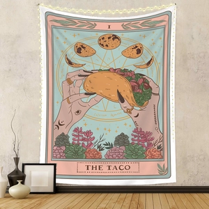 Detail of The Taco tarot tapestry with zodiac symbols and soft pastel vintage tones